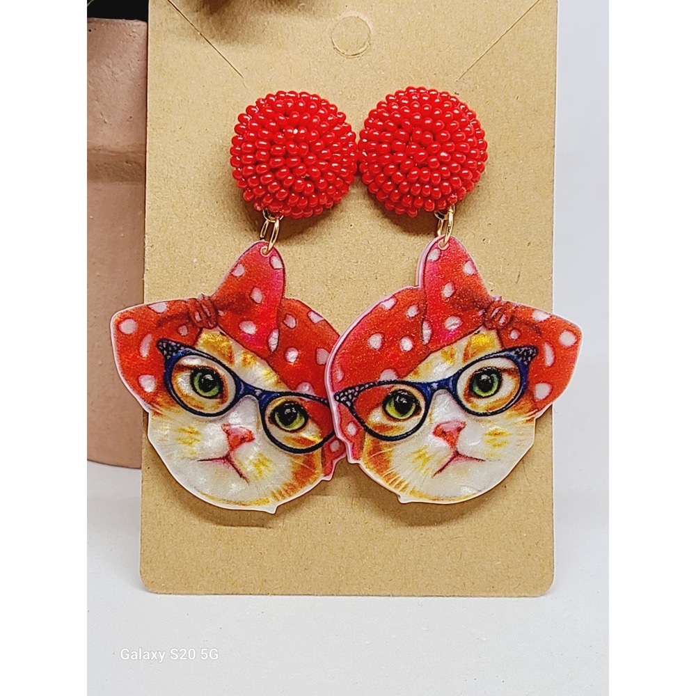 Red Beaded Ginger Cat with Glasses Polka Dot Headband Acrylic‎ Drop Earrings